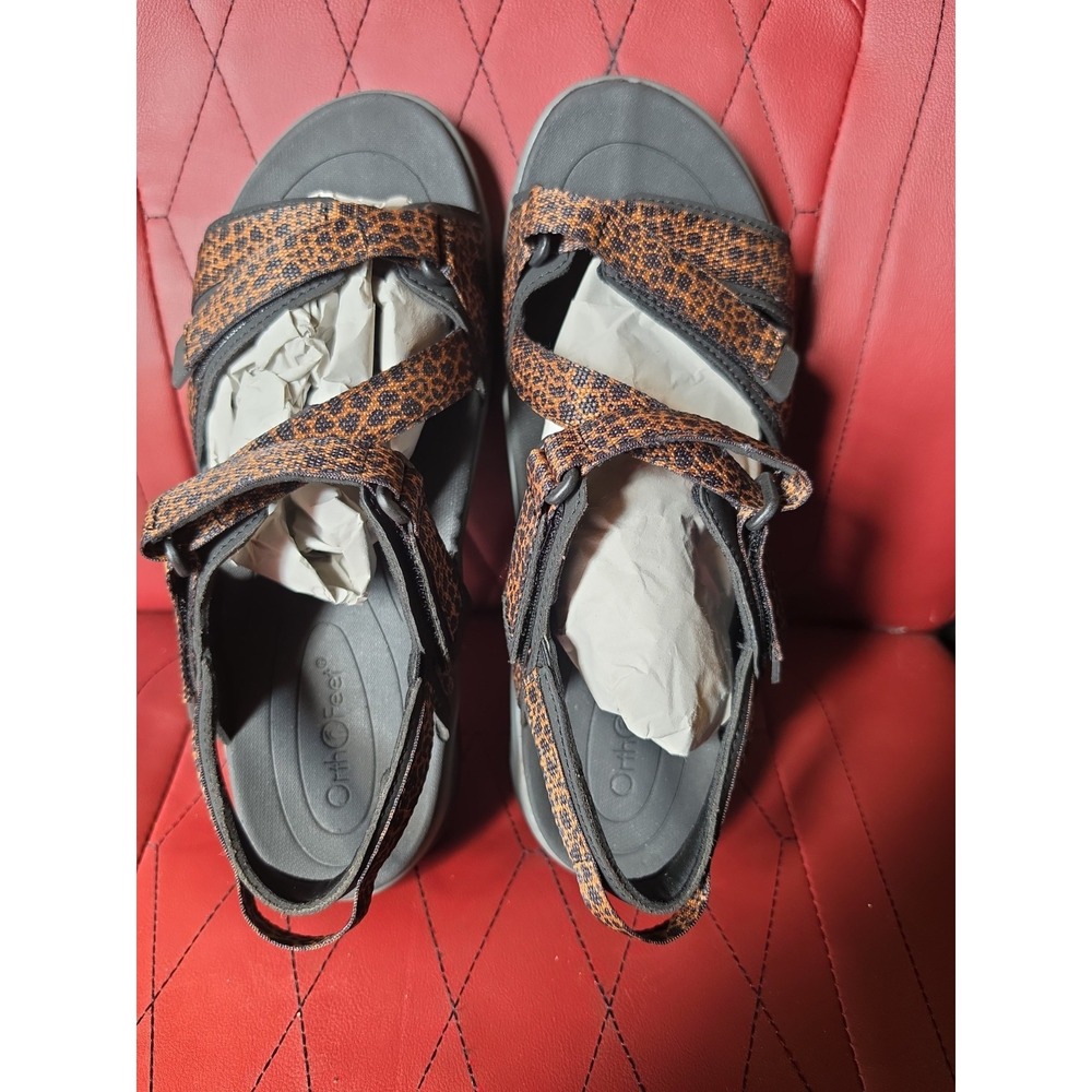 Orthofeet Women's Black/Brown Animal Print Leather Strappy Sandals US 10‎ D